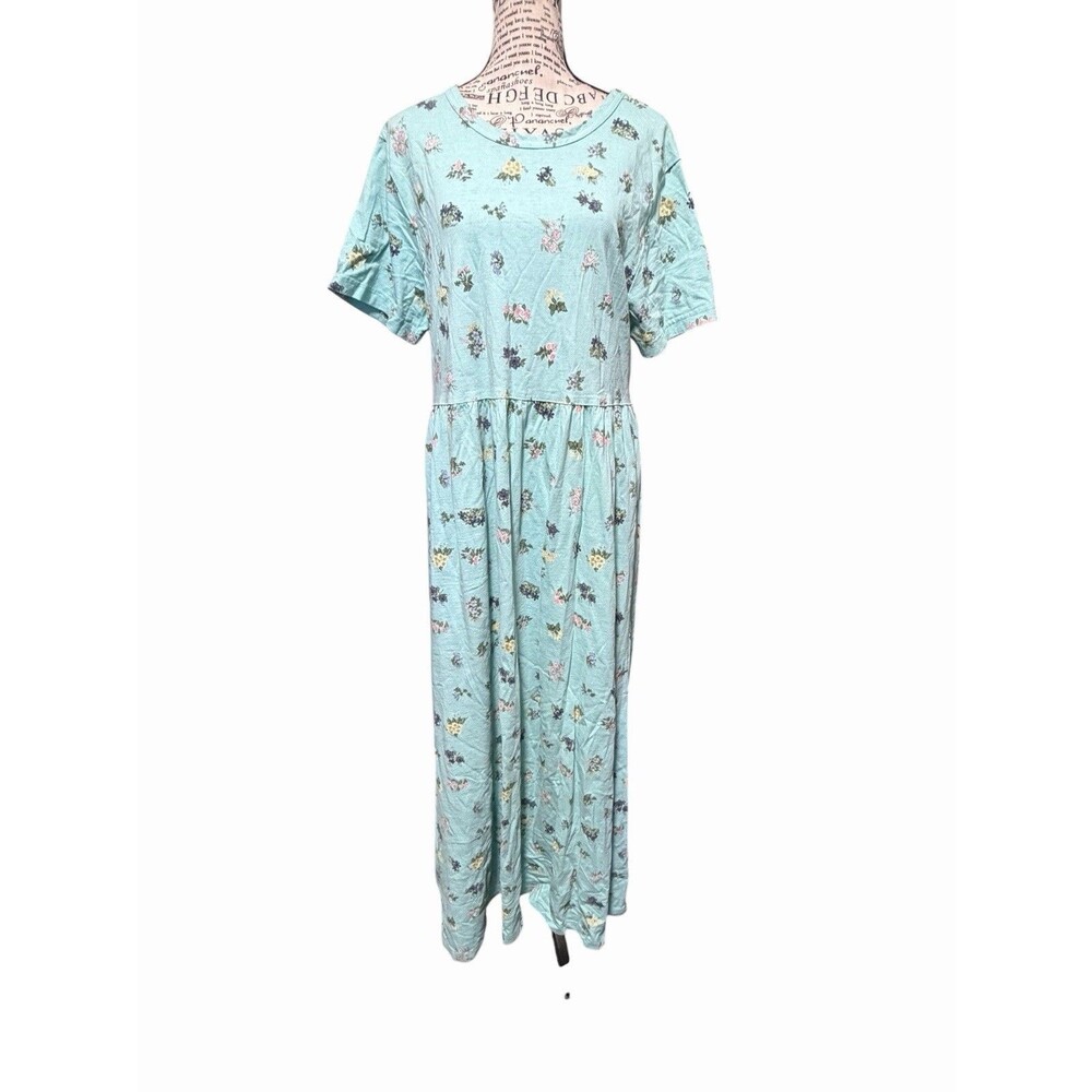 CMI WOMEN'S LARGE -SEAFOAM FLORAL SHORT SLEEVE ROUND NECK 100% COTTON DRESS Boho